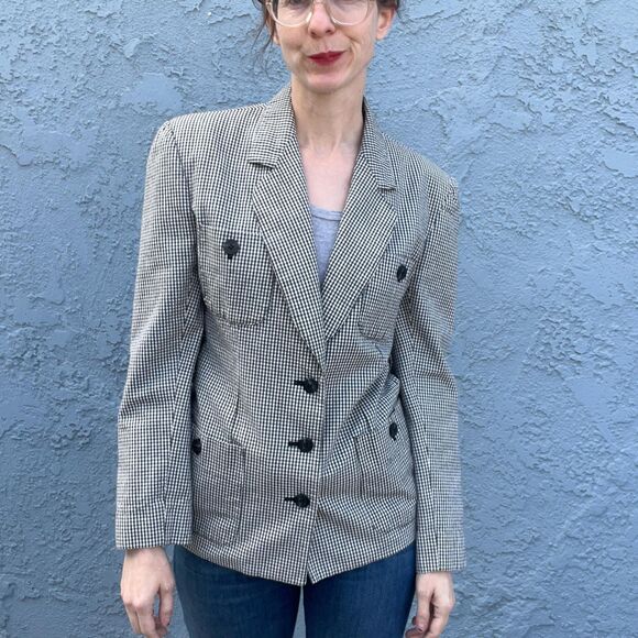 80s Calvin Klein Blazer Small Black and white plaid checkered Fitted Jacket - Picture 2 of 10